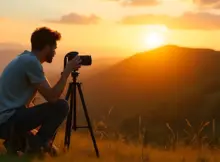 Fotógrafo ajustando um tripé leve para fotografia ao pôr do sol com uma câmera DSLR montada.