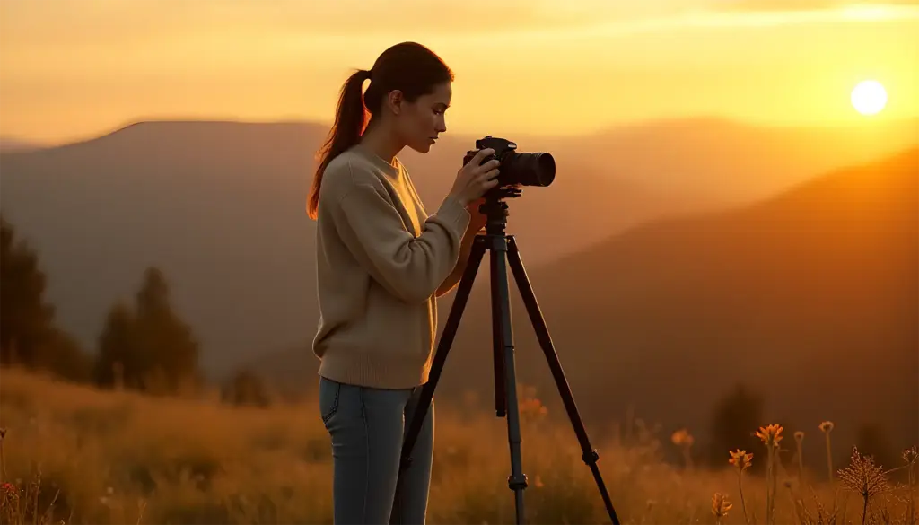 Fotógrafo ajustando um tripé leve para fotografia ao pôr do sol com uma câmera DSLR montada.