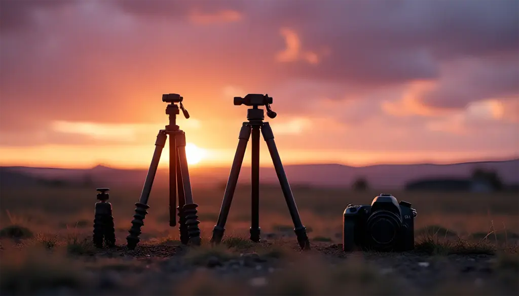 Comparação de três tripés para fotografia – de mesa, viagem e estúdio – ao lado de uma câmera DSLR numa paisagem.